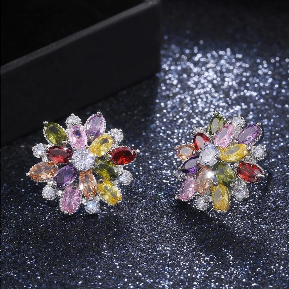 New Women’s 925 Silver Beautiful Flower Colorful Zircon Stud Earrings - Picture 4 of 7